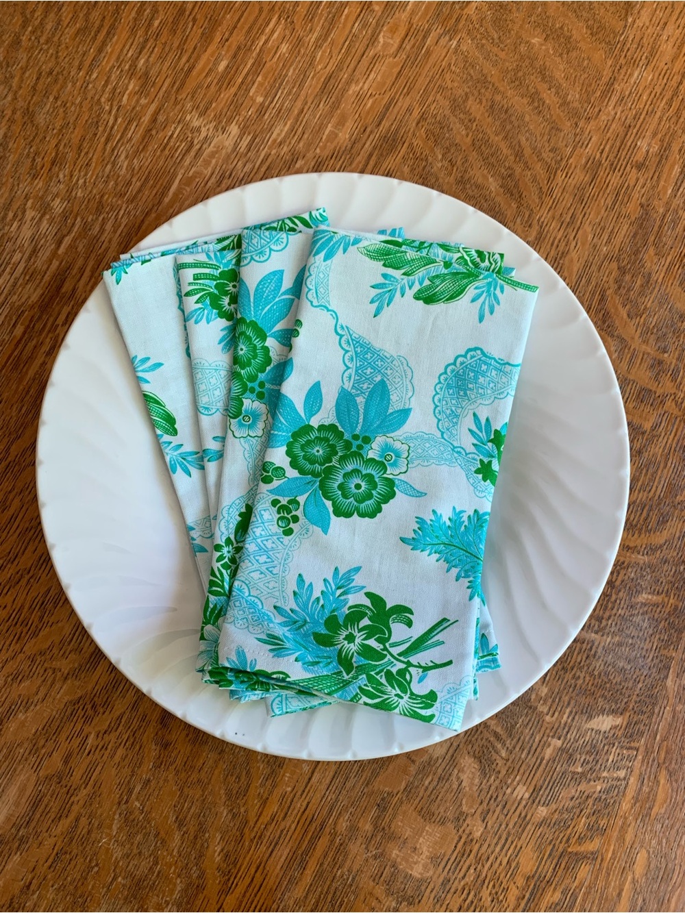 4 Handmade Cotton Floral Print Table Napkins in Caribbean Blue & Green